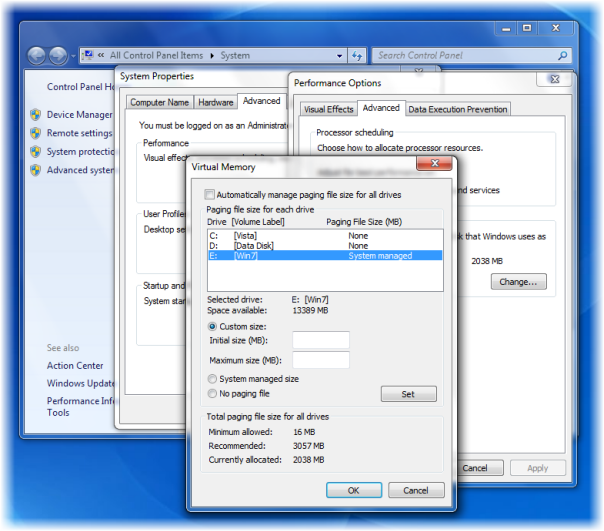 Windows virtual memory settings recommendations